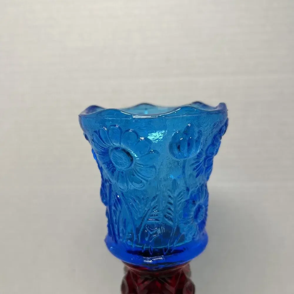 MCM Blue Glass Pegged Cup Votive Sconce Candle Holder Floral Daisy Tulip